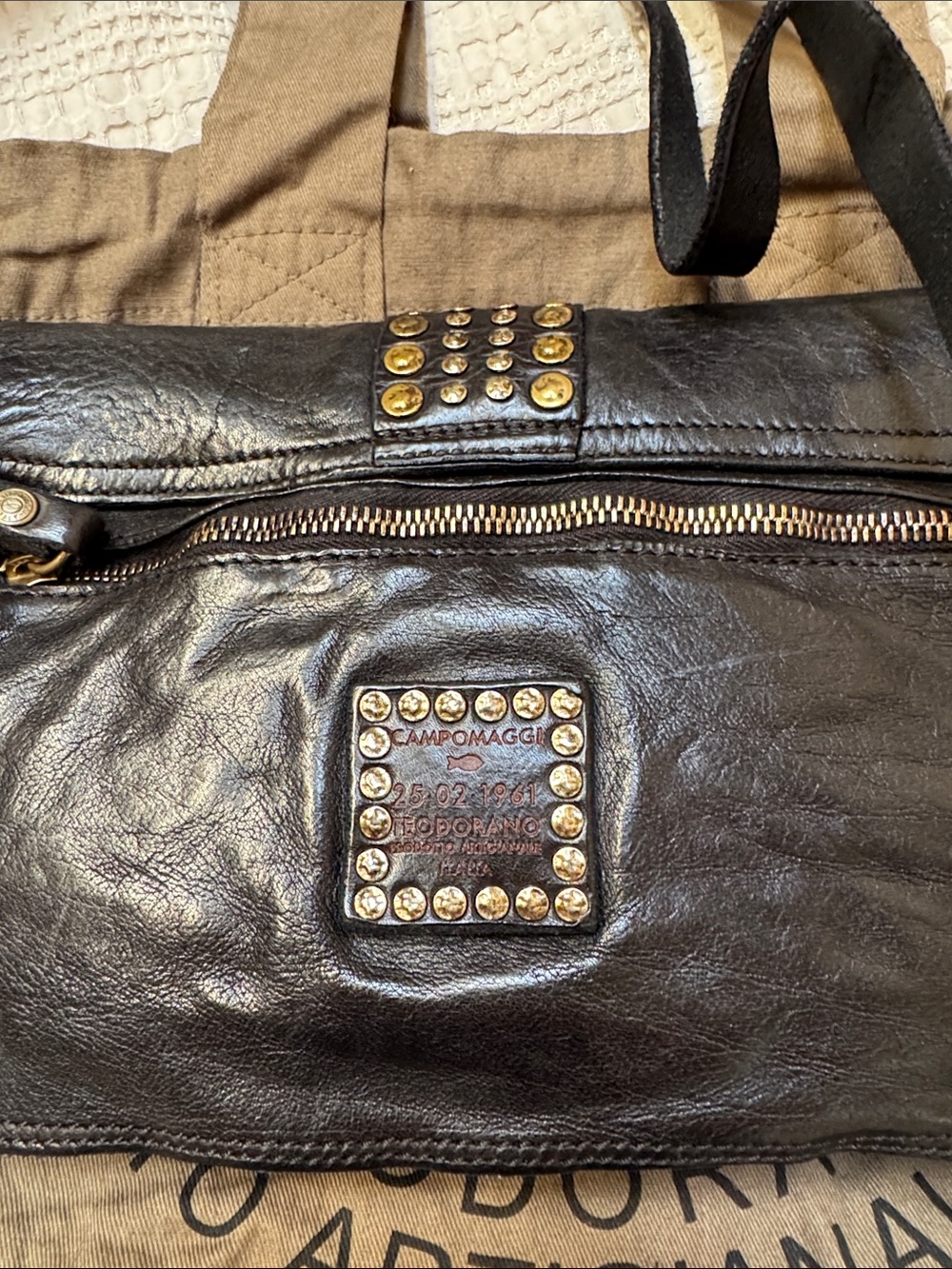 Campomaggi Black Leather Crossbody with Gold Stud Detailing - Picture 8 of 10